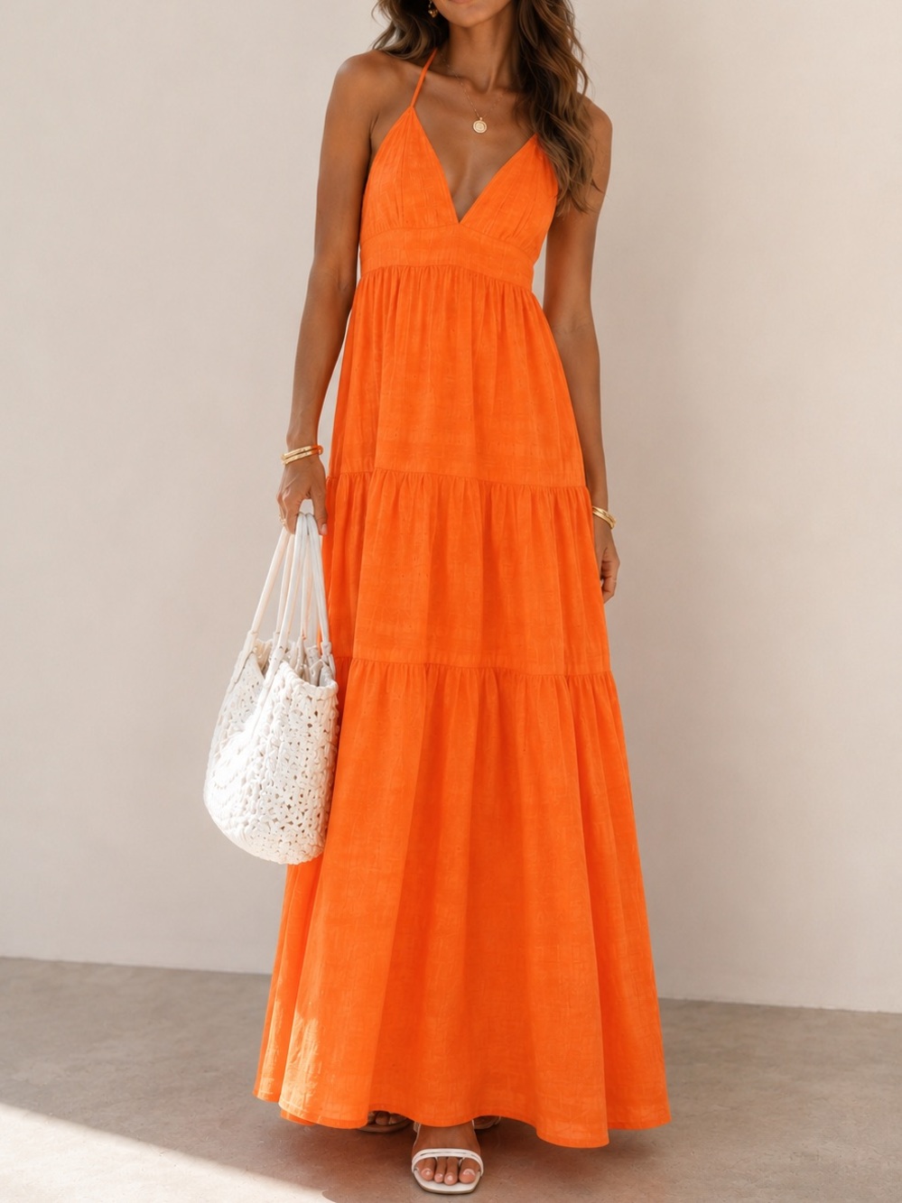 Slate & Willow Bright Orange Tiered Spaghetti-Strap Maxi Dress